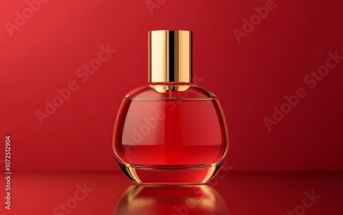 A sleek red perfume bottle, mock-up with a gold cap set against a vibrant red background.