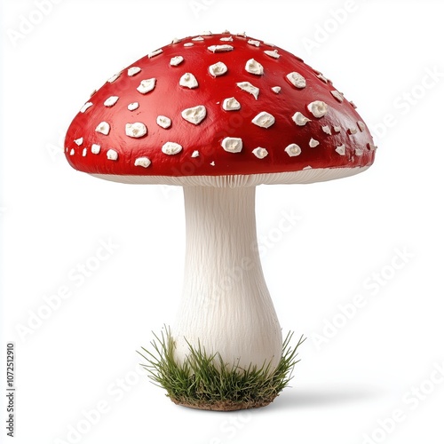 A solitary Amanita muscaria mushroom showcases its brilliant red cap adorned with white dots photo