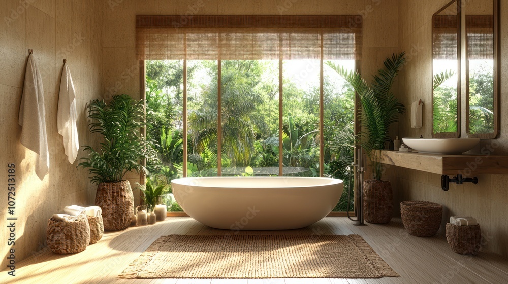 Fototapeta premium Modern bathroom with large window overlooking tropical garden.