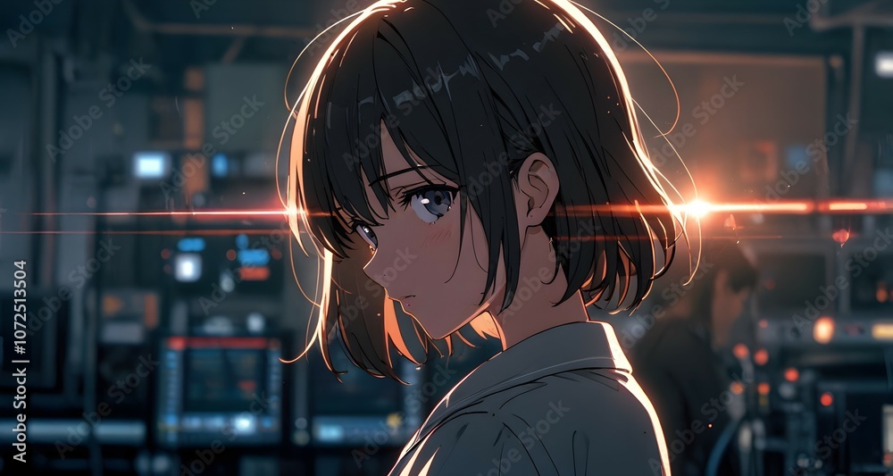 Fototapeta premium A young woman in a modern control room gazes pensively amid glowing screens, immersed in thought during a late-night shift. Generative AI