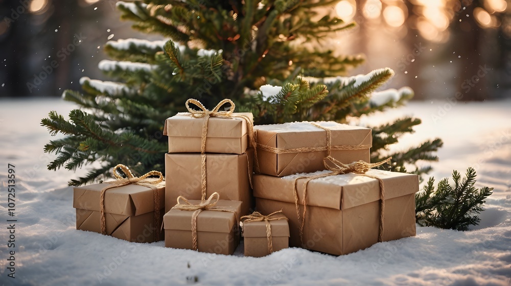 cozy outdoor scene Christmas gift boxes snow-dusted pine tree golden bokeh lights festive celebration cozy outdoor scene Christmas gift boxes snow-dusted pine tree golden bokeh lights festive celebration