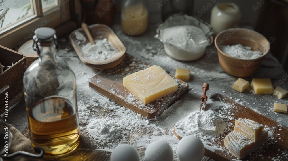 Essential Rustic Kitchen Ingredients Flour, Eggs, Butter, and Fresh Milk for Authentic Cooking and Baking Essential Rustic Kitchen Ingredients Flour, Eggs, Butter, and Fresh Milk for Authentic Cooking and Baking