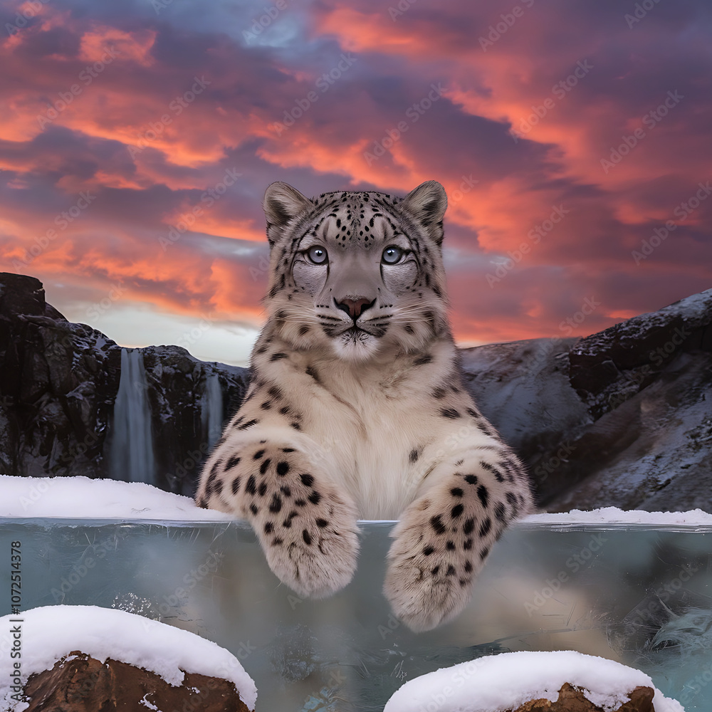 Obraz premium A majestic snow leopard with piercing blue eyes, resting its front paws on a transparent, icy surface.