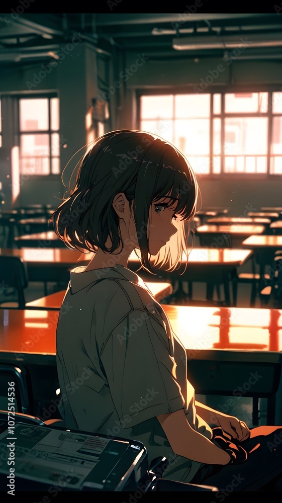 A contemplative moment in an empty classroom at sunset, capturing the stillness and reflections of a young girl lost in thought. Generative AI A contemplative moment in an empty classroom at sunset, capturing the stillness and reflections of a young girl lost in thought. Generative AI