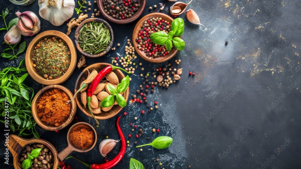 Various spices and herbs on a dark background Various spices and herbs on a dark background