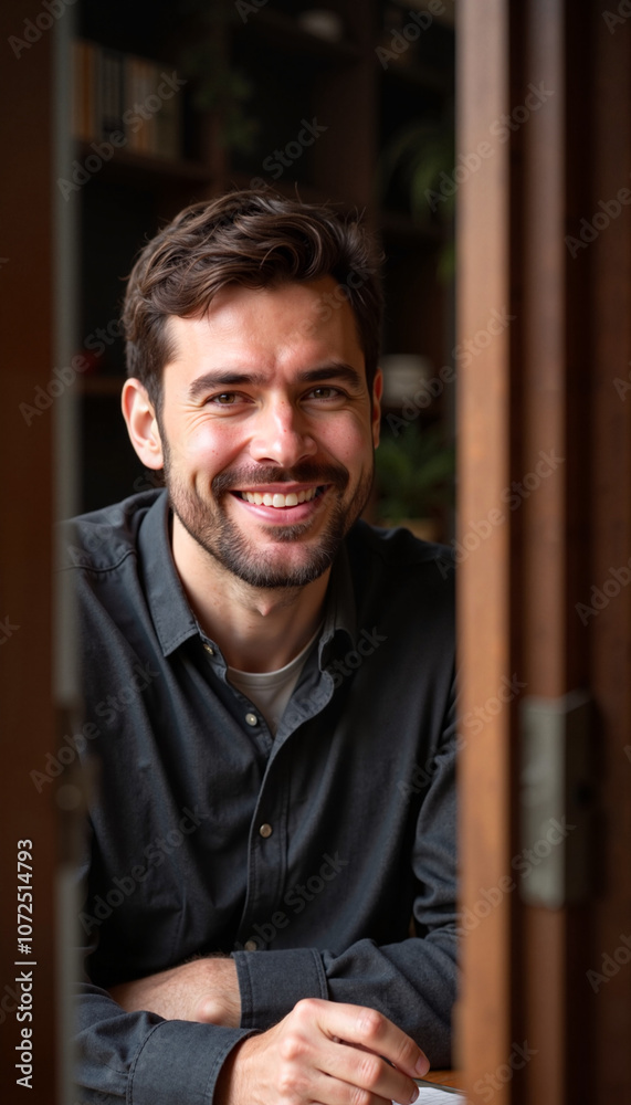 Smiling young man seated at a table in cozy interior