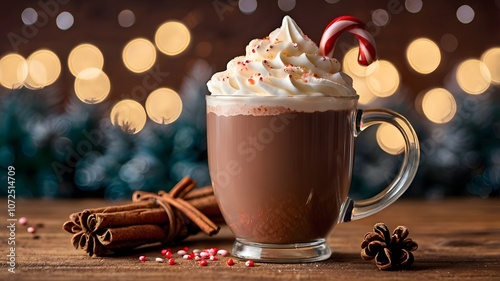 Christmas winter mug of hot chocolate whipped cream a candy cane stirrer wooden surface pine cones cinnamon sticks holiday lights background