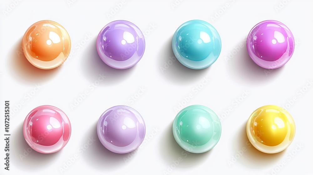 A collection of pastelcolored glossy 3D ball spheres realistic and isolated with shadows A collection of pastelcolored glossy 3D ball spheres realistic and isolated with shadows