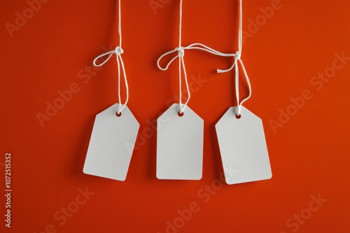 Five white blank price tags with strings hanging on a red background, flat lay. Space for text or product mockup design. Copy space, high quality photo