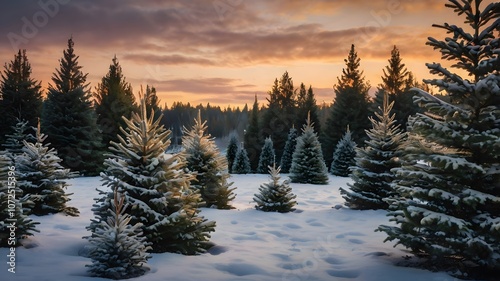 peaceful view Christmas tree farm at dusk evergreens dusted snow. Warm bokeh lights holiday feel