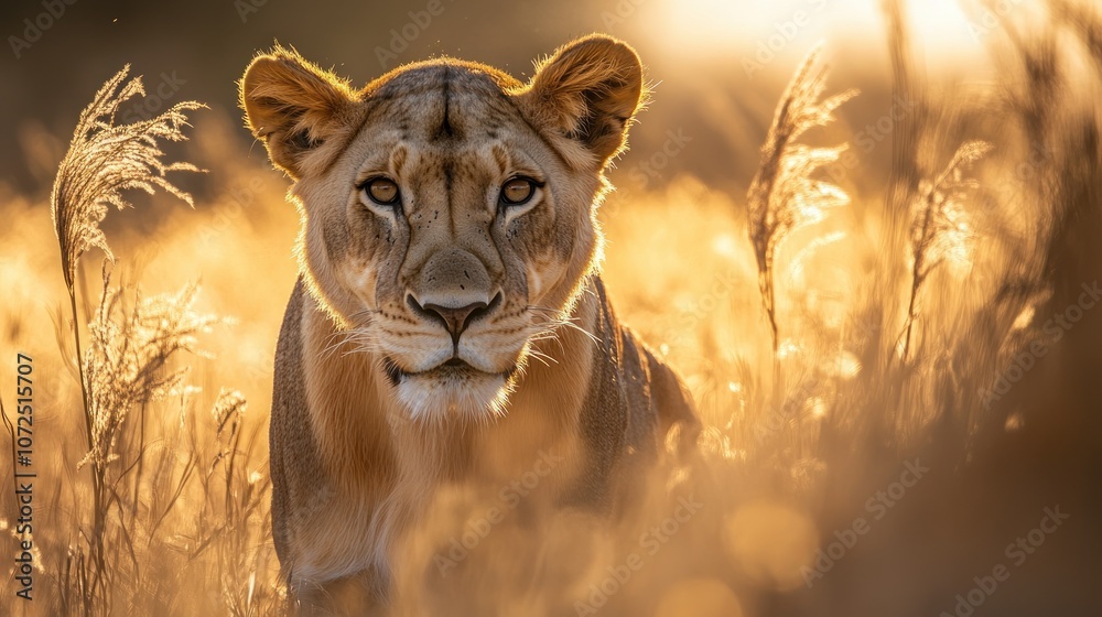 Lioness Gazing Through Golden Grass at Sunset Lioness Gazing Through Golden Grass at Sunset