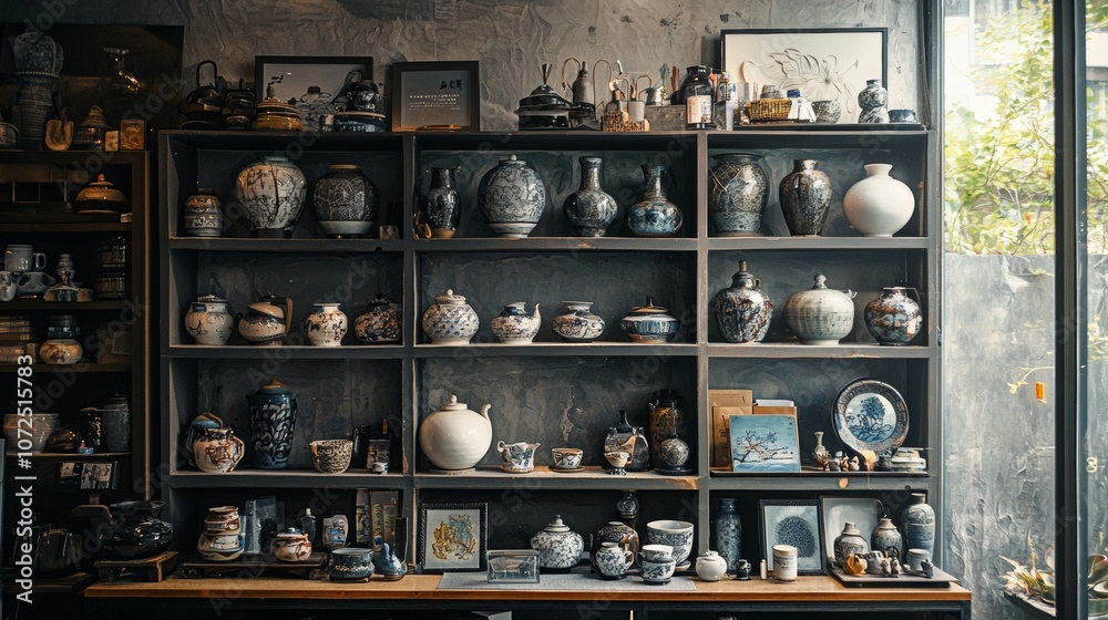 Traditional ceramic pottery collection on shelves Traditional ceramic pottery collection on shelves