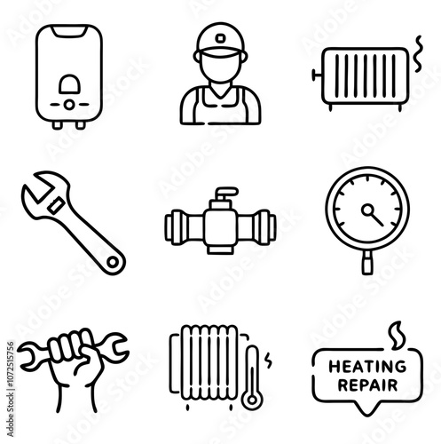 Heating installation and repair flat icons including technician, radiator, tools, and equipment for service branding 