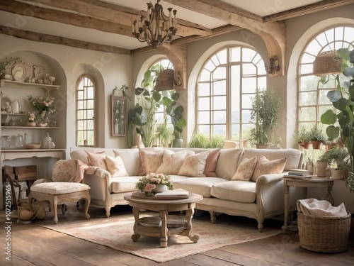 Interior of the living room in a classic style with a sofa, a coffee table and a large window