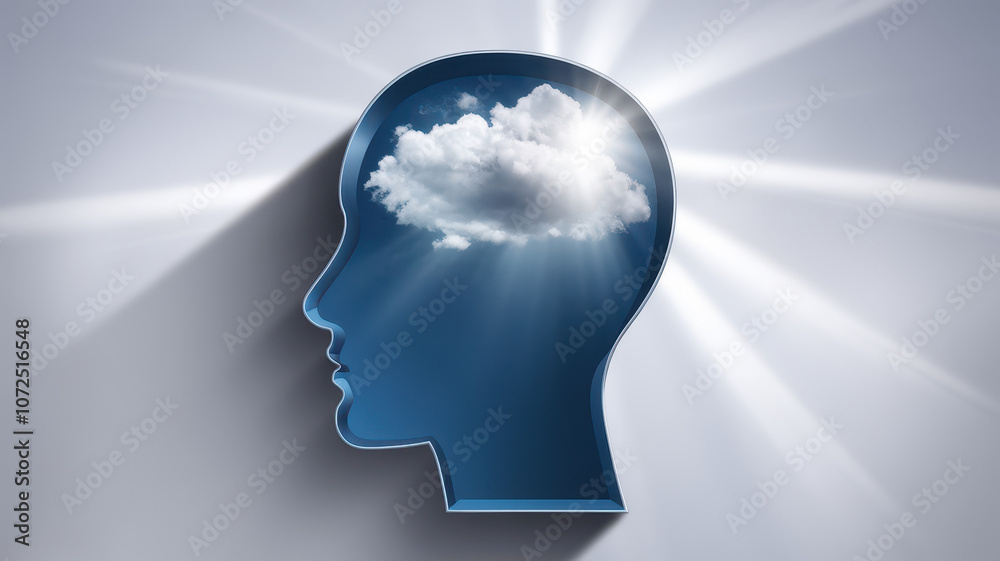 Creative concept of a human head silhouette with a cloud inside, symbolizing imagination and inspiration against a light background. Creative concept of a human head silhouette with a cloud inside, symbolizing imagination and inspiration against a light background.