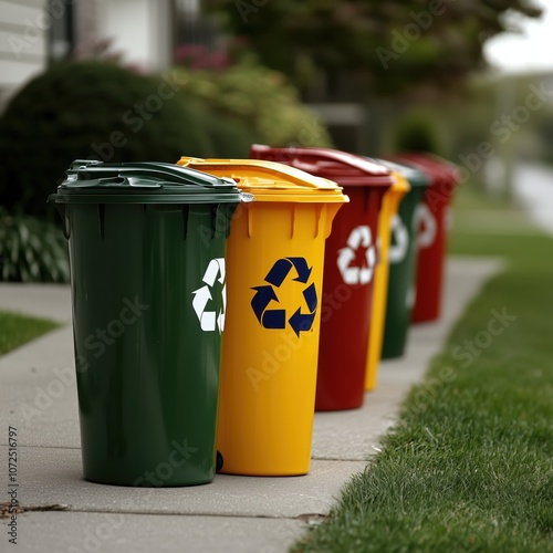 Bright yellow recycling bin next to colorful bins awaiting curbside pickup