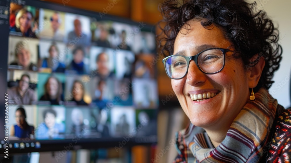 Smiling woman engaging in virtual meeting with colleagues on computer screen,International Networking Week Smiling woman engaging in virtual meeting with colleagues on computer screen,International Networking Week