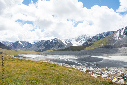 View of the Mongolian Altai mountain and a great bear valley, heart lake. Altai Tavan Bogd National park, Mongolia.