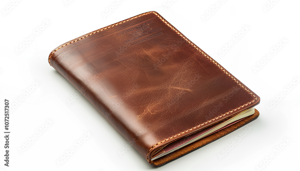 Passport in brown leather case isolated on white, top view Passport in brown leather case isolated on white, top view
