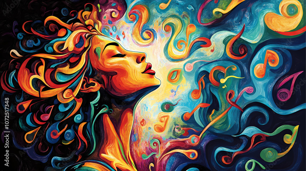 A mesmerizing portrait of a singer immersed in a vibrant world of swirling colors and music notes, radiating passion and creativity. Vibrant. Illustration A mesmerizing portrait of a singer immersed in a vibrant world of swirling colors and music notes, radiating passion and creativity. Vibrant. Illustration