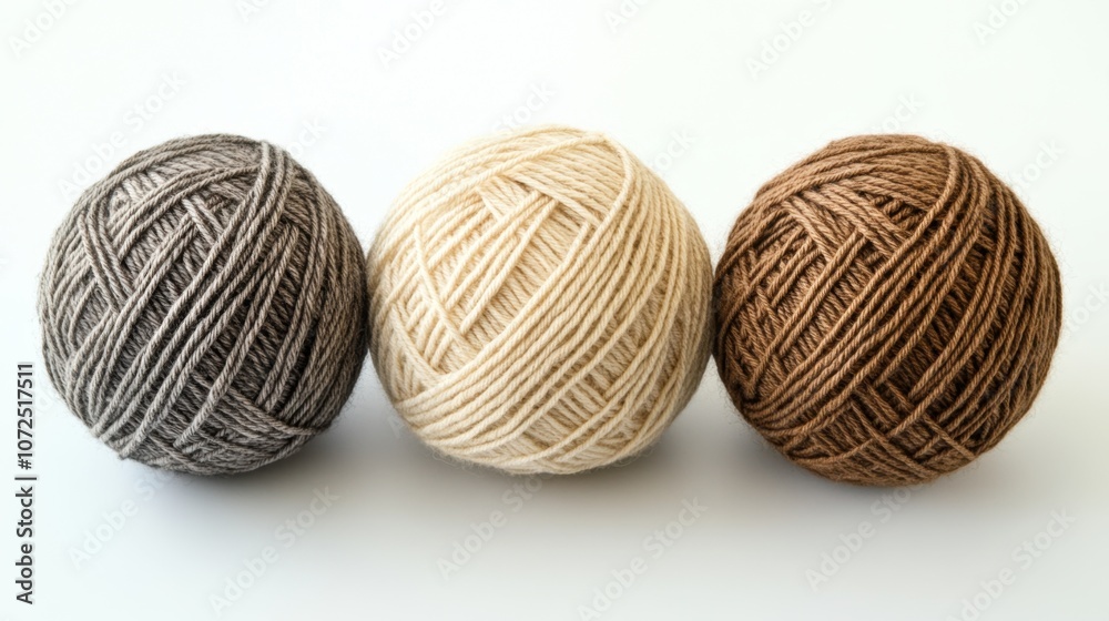 Yarn skeins. Three thick knitting wool balls lying on table. Beige and braun colored threads Yarn skeins. Three thick knitting wool balls lying on table. Beige and braun colored threads