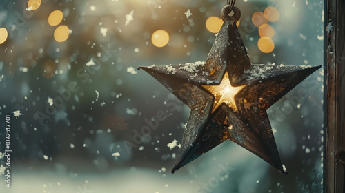 Christmas star hanging in front of a window with snowflakes gently falling in the background