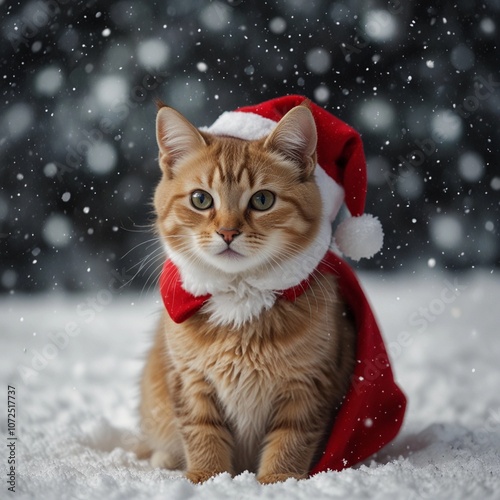cat in christmas hat in the snow