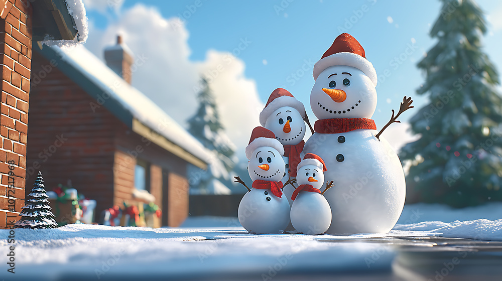 Obraz premium Smiling snowman family standing in front of a house