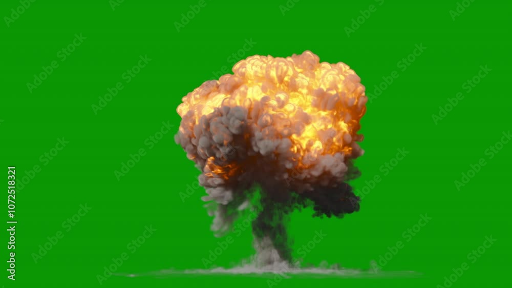 Close up video of a giant mushroom cloud explosion, two speeds included, 24p, green screen for transparent background