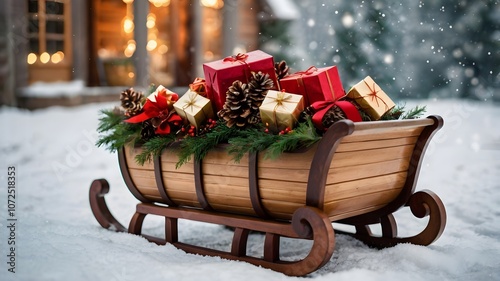 decorative sleigh wrapped gifts pinecones snowy outdoor surface warm bokeh lights festive charm holiday