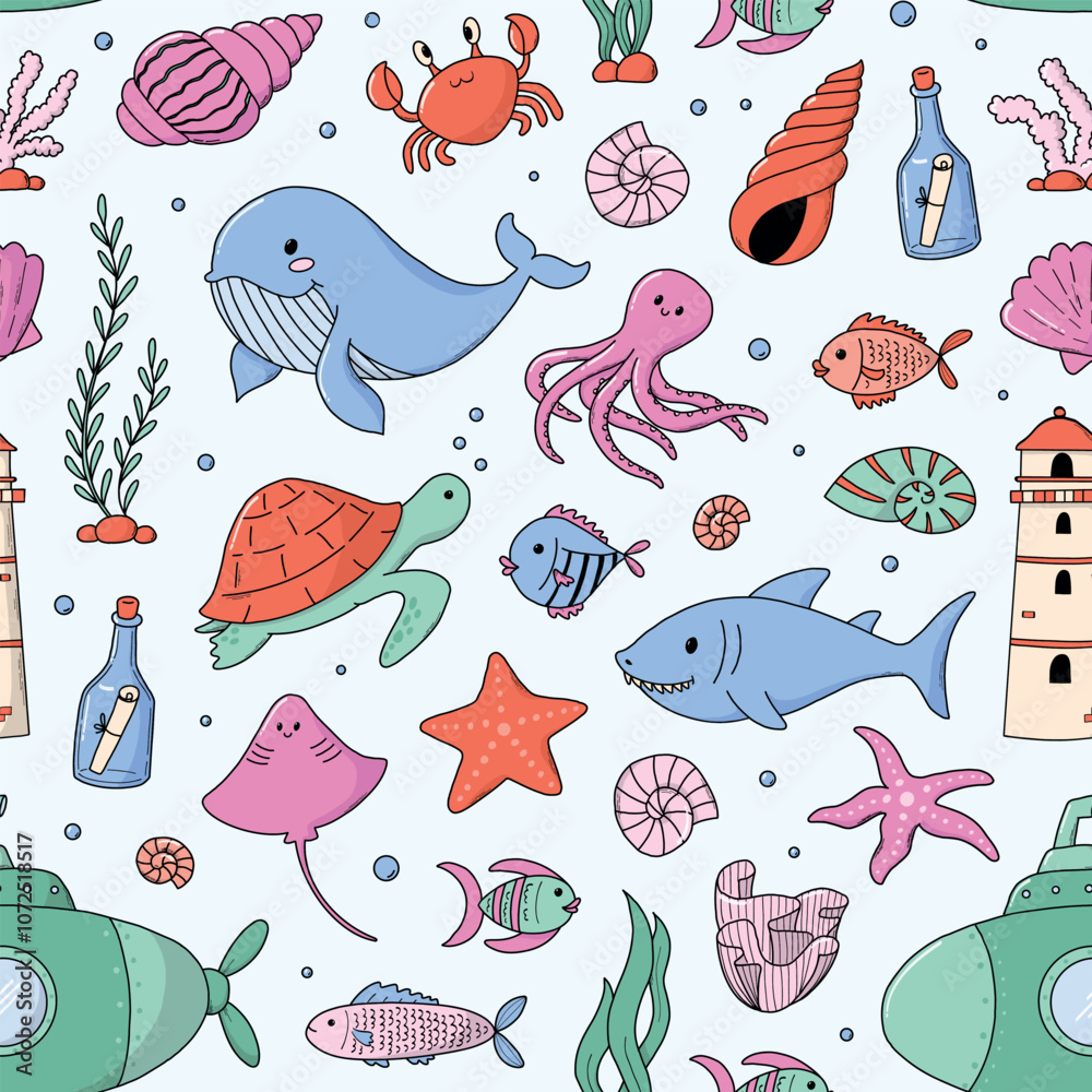 Obraz premium Cute sea doodles, underwater, sealife cartoon elements seamless pattern for nursery prints, cards, posters, banners, wrapping paper, scrapbooking, stationery, apparel decor, etc. EPS 10