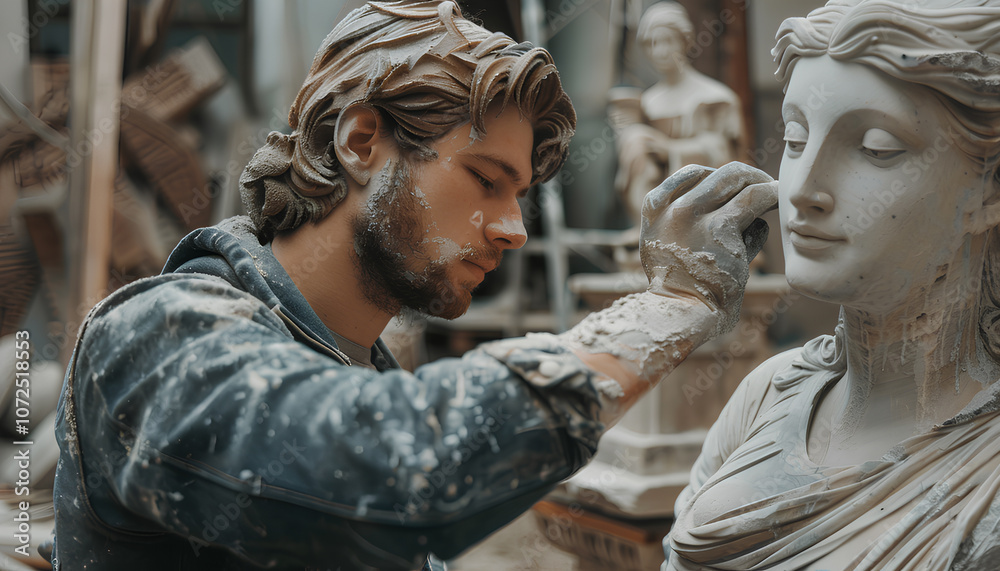 Male sculptor sculpts realistic statue of woman from stone Male sculptor sculpts realistic statue of woman from stone