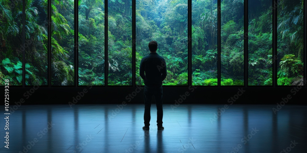 Person gazes at lush forest through large glass windows in serene setting Person gazes at lush forest through large glass windows in serene setting