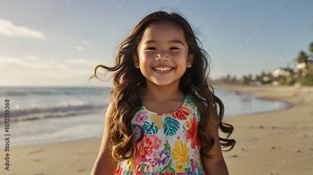 Joyful girl smiles brightly while walking along a beautiful beach during golden hour, with gentle waves lapping at the shore. Generative AI Joyful girl smiles brightly while walking along a beautiful beach during golden hour, with gentle waves lapping at the shore. Generative AI