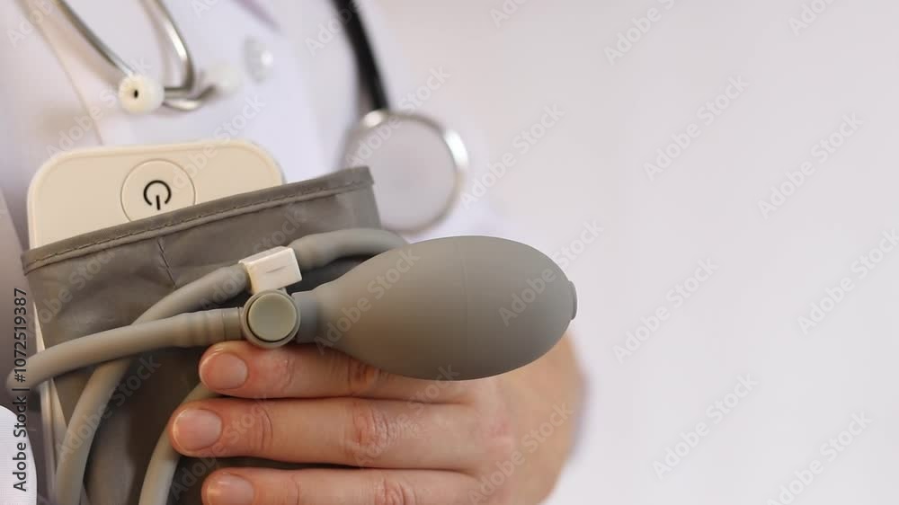 Doctor or nurse with tonometer in hands. Medicine and health concept. Therapist in white coat with pressure measuring instrument. Female professional doctor. Close-up view Doctor or nurse with tonometer in hands. Medicine and health concept. Therapist in white coat with pressure measuring instrument. Female professional doctor. Close-up view