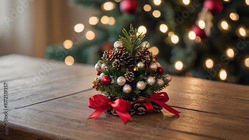 tabletop Christmas tree decoration tiny ornaments pinecones ribbon festive holiday