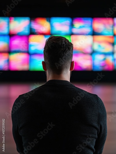 Person watching vibrant digital screens in a dark environment at night