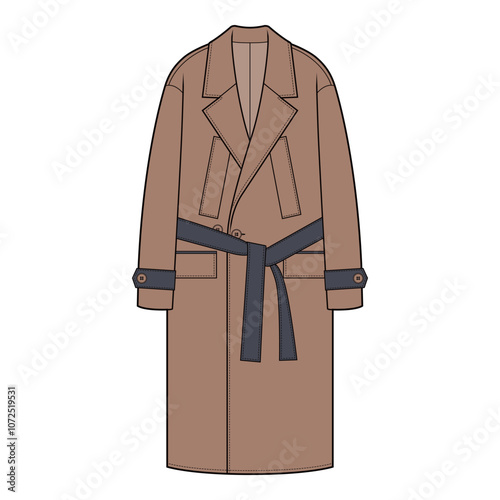 Front view of a long brown trench coat with belt and lapels in a minimalist fashion illustration.
