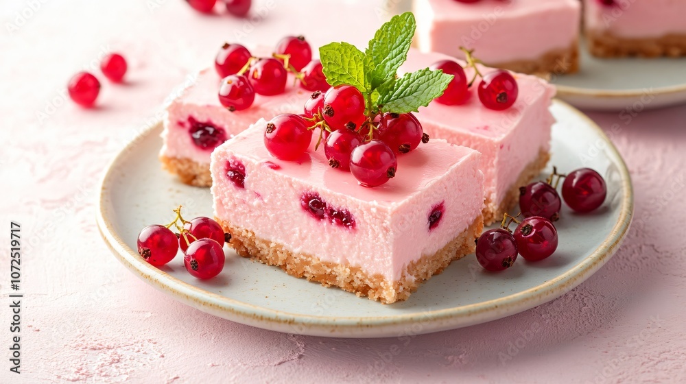 Red currant cheesecake bars on a light pink background, with currants for garnish and a mint leaf Red currant cheesecake bars on a light pink background, with currants for garnish and a mint leaf
