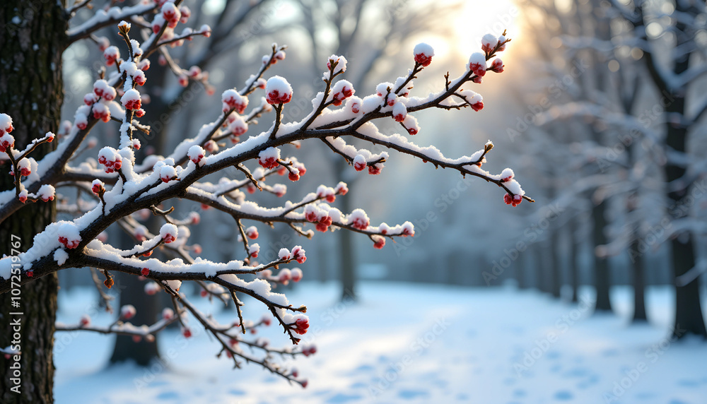 A snowy groundhog day morning with bright red berries and frost-covered branches in a tranquil winter landscape A snowy groundhog day morning with bright red berries and frost-covered branches in a tranquil winter landscape