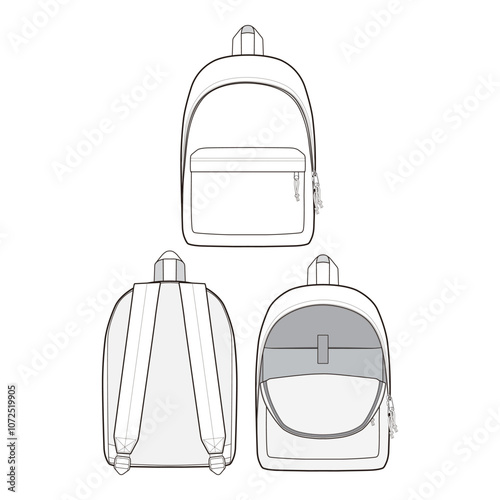 Multiple views of a backpack, including front, back, and open interior, in a black and white vector illustration.
