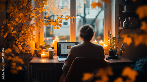 A person sits at a cozy desk, illuminated by candles and surrounded by autumn leaves, working on a laptop with a warm, tranquil atmosphere.