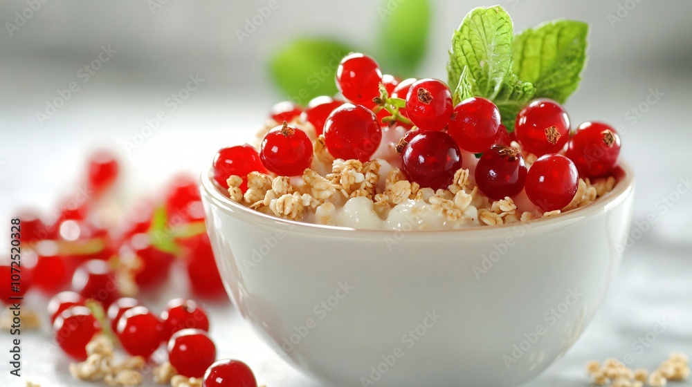 Red currant oatmeal bowl with fresh currants and granola, isolated on a soft gray background with mint leaves for garnish