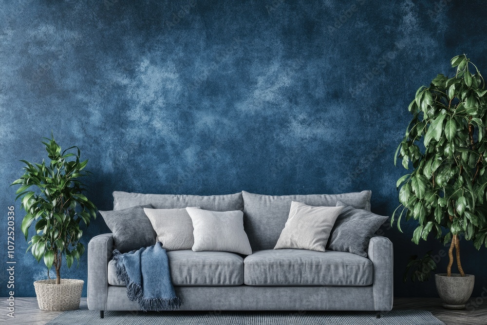 Modern Blue Living Room Interior with Grey Sofa and Green Decor on Cement Wall Background Modern Blue Living Room Interior with Grey Sofa and Green Decor on Cement Wall Background