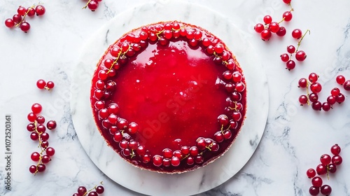 Red currant olive oil cake with a glossy glaze, on a white marble background with currants scattered artistically photo