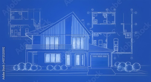 Modern House Blueprint Design, Detailed Architectural Floor Plan, Classic Blueprint Home Illustration, Technical Drawing of Residential Building, Comprehensive House Layout Sketch.