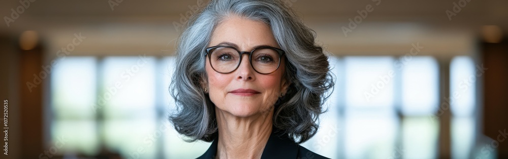 Elegant senior businesswoman standing confidently in a modern office Elegant senior businesswoman standing confidently in a modern office