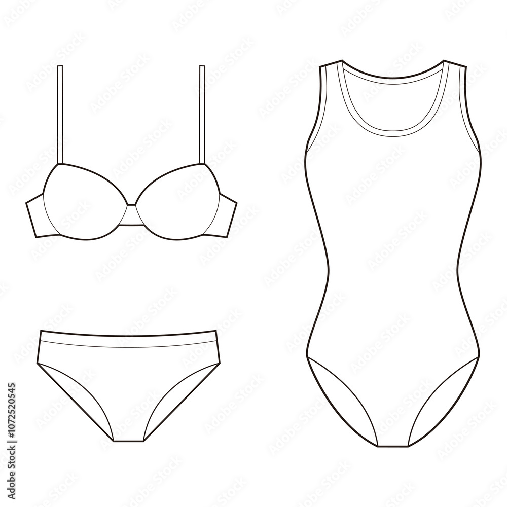 Women's Swimwear Line Art Set: Bikini and One-Piece Swimsuit Women's Swimwear Line Art Set: Bikini and One-Piece Swimsuit