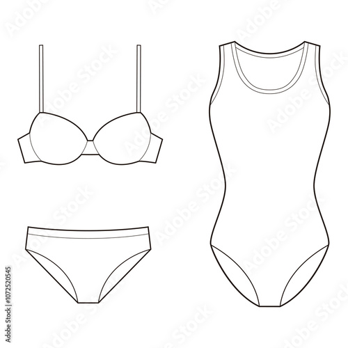  Women's Swimwear Line Art Set: Bikini and One-Piece Swimsuit