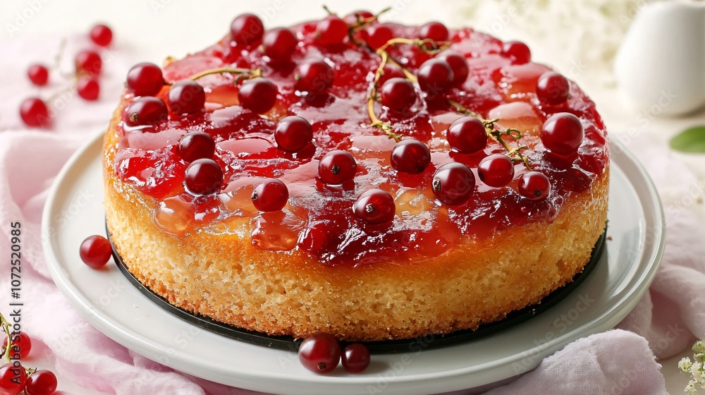 Red currant upside-down cake with caramelized currants, on a soft linen background with currants delicately placed around Red currant upside-down cake with caramelized currants, on a soft linen background with currants delicately placed around